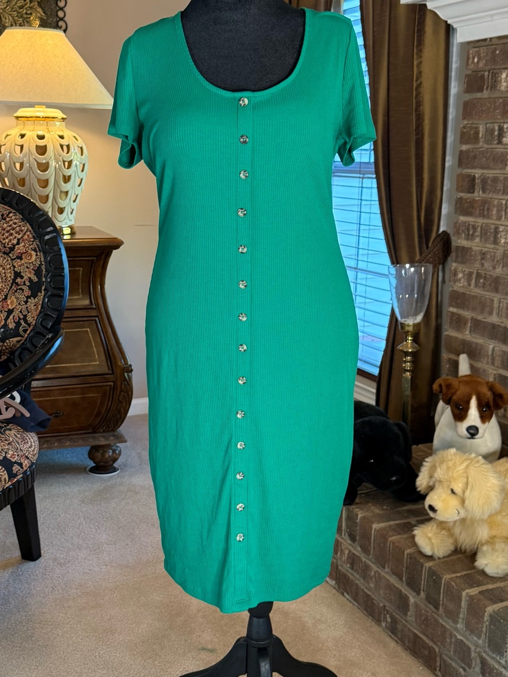 Forever 21+ 2X Emerald Green Ribbed Button Front Midi Dress Short Sleeve